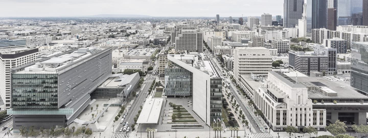Elevated cityscape view of commercial district