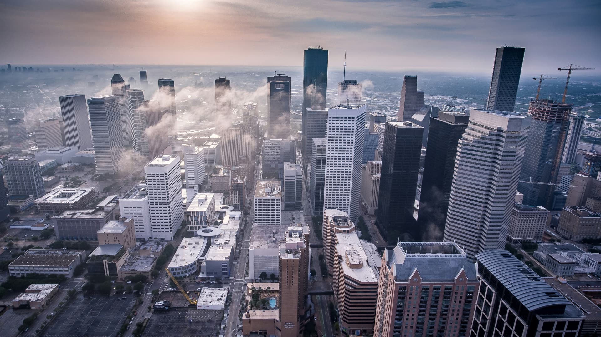 Houston skyline aerial view with fog